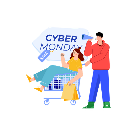 Gente haciendo marketing de venta de Cyber Monday.  Ilustración