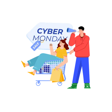 Gente haciendo marketing de venta de Cyber Monday.  Ilustración