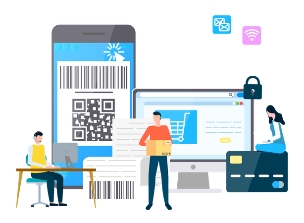Personas que realizan pagos en línea  Ilustración
