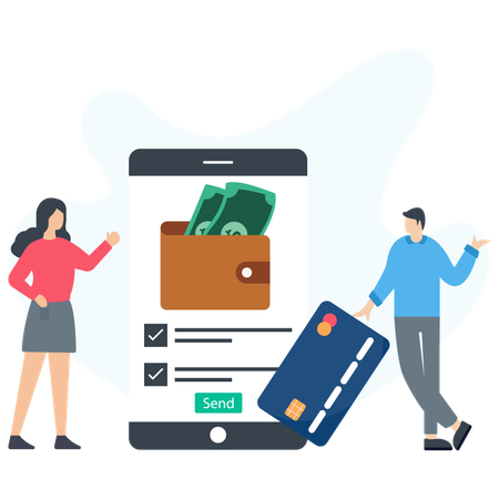 Personas que realizan pagos en línea desde el móvil  Ilustración