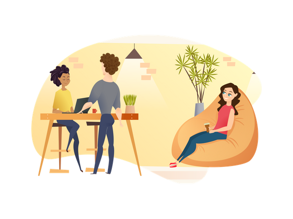 Personas independientes descansando y trabajando en un lugar de trabajo conjunto  Ilustración