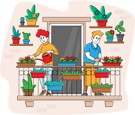 Gente haciendo jardinería en casa  Ilustración