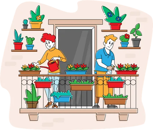 Gente haciendo jardinería en casa  Ilustración