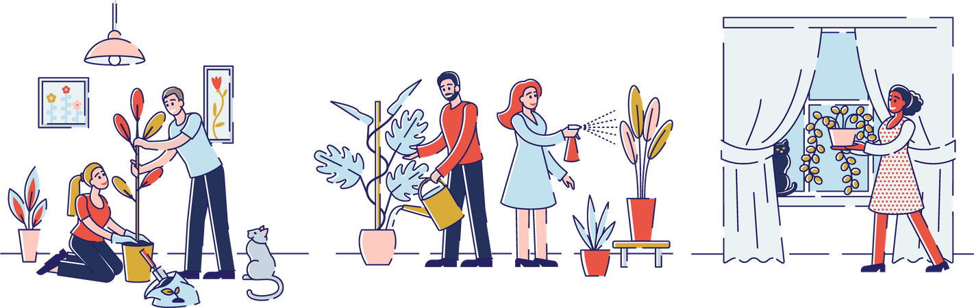 Gente haciendo jardinería en casa  Ilustración