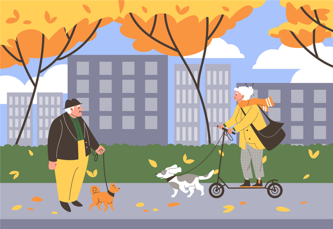 Personas mayores activas paseando con perros y montando patinetes eléctricos en la ciudad otoñal  Ilustración