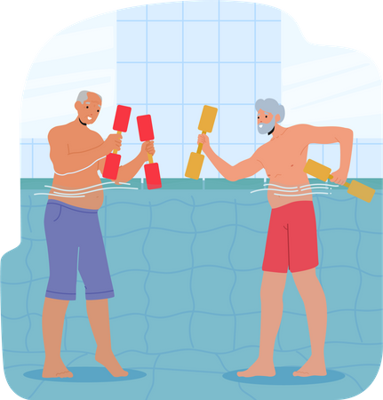 Las personas mayores hacen ejercicio alegremente en agua refrescante  Ilustración