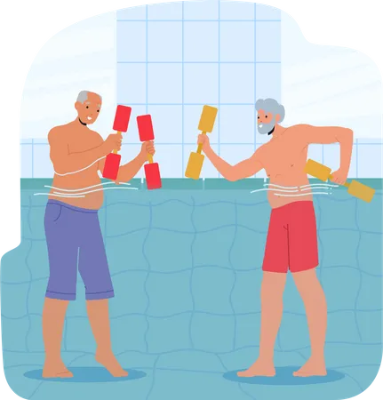 Las personas mayores hacen ejercicio alegremente en agua refrescante  Ilustración