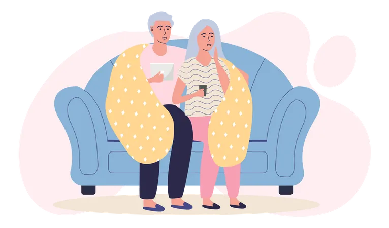 Las personas mayores con teléfono móvil y tableta están sentadas en el sofá  Ilustración