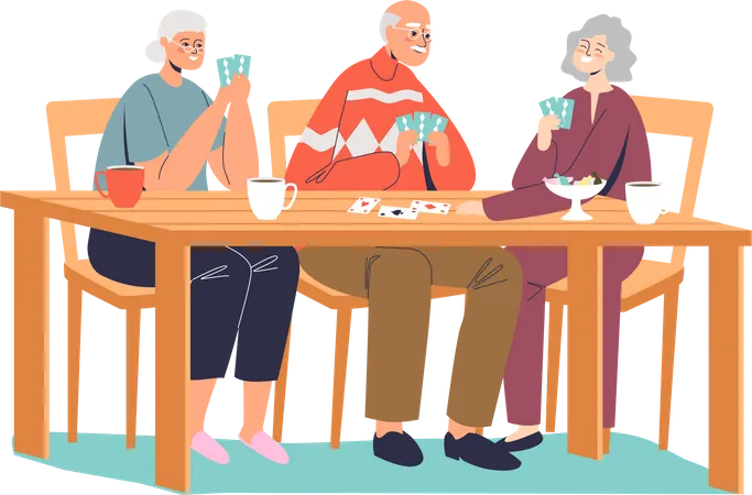 Personas mayores felices jugando a las cartas  Ilustración
