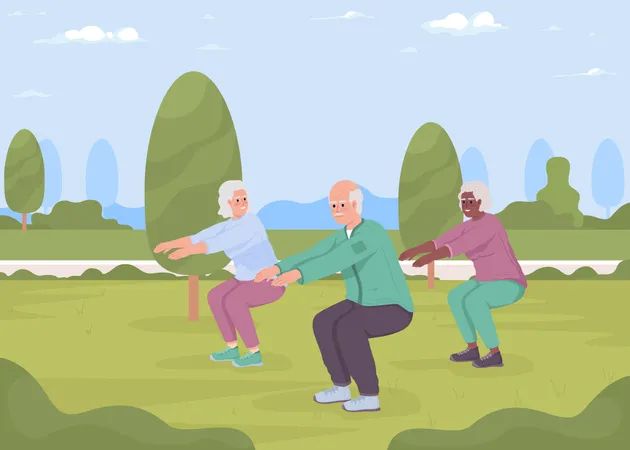 Personas mayores haciendo ejercicio al aire libre  Ilustración