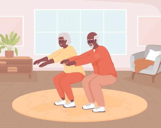 Personas mayores haciendo sentadillas en casa  Ilustración