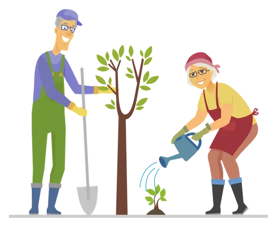 Personas mayores plantando un árbol  Ilustración