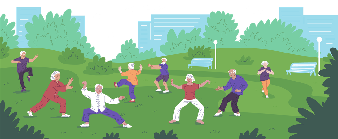 Personas mayores haciendo ejercicios de Tai Chi en un parque natural  Ilustración