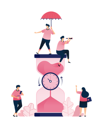 Personas moviéndose alrededor del reloj sujetas por un reloj de arena para la cuenta regresiva  Ilustración