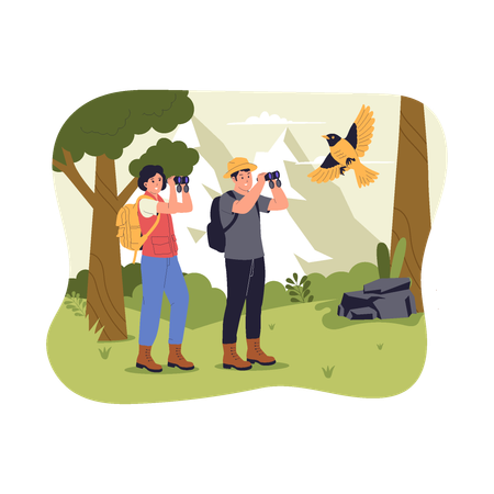 Personas haciendo observación de aves en la naturaleza  Ilustración