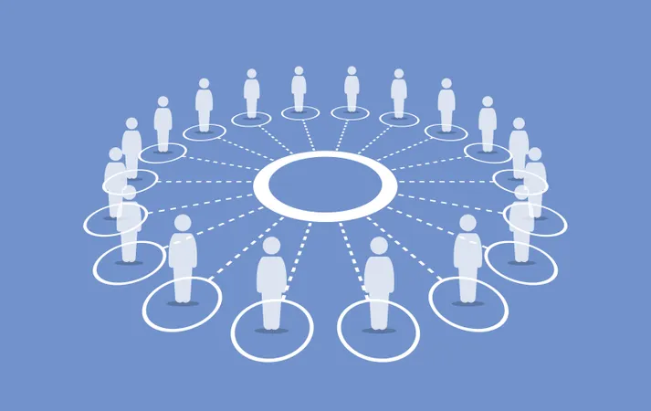 Personas paradas alrededor de un círculo conectándose entre sí.  Ilustración