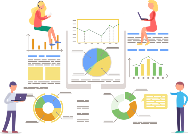 Personas de pie cerca de tableros con información analítica y diagramas.  Ilustración