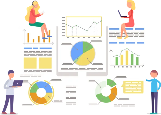 Personas de pie cerca de tableros con información analítica y diagramas.  Ilustración