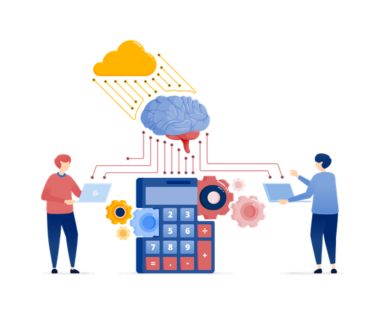 Personas que acceden a datos matemáticos y contables para desarrollar modelos de IA con máquinas de aprendizaje basadas en la nube  Ilustración