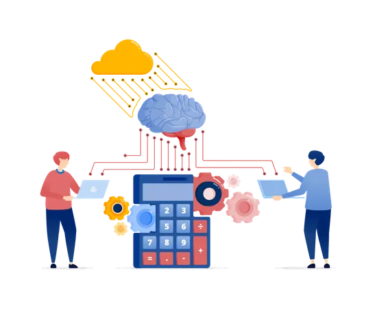 Personas que acceden a datos matemáticos y contables para desarrollar modelos de IA con máquinas de aprendizaje basadas en la nube  Ilustración