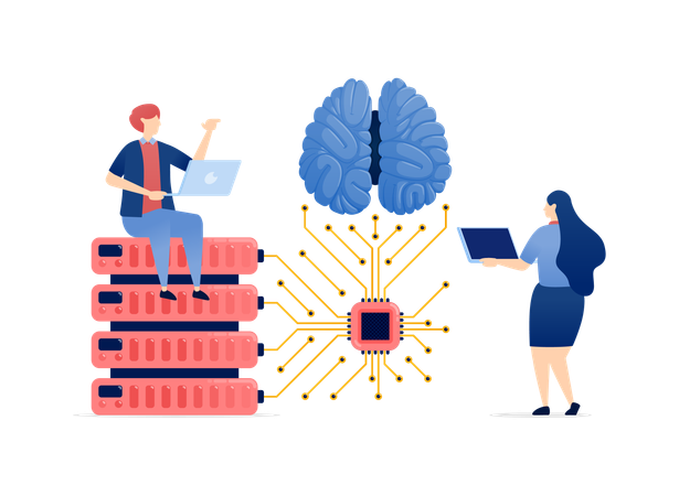 Personas acceden a una base de datos vinculada a un cerebro de IA a través de un chip  Ilustración