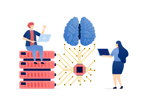 Personas acceden a una base de datos vinculada a un cerebro de IA a través de un chip  Ilustración