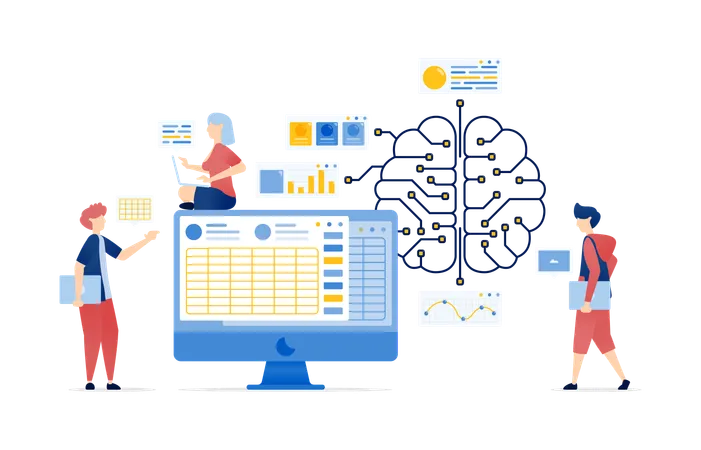 Personas que acceden a la red de Internet se conectan a un cerebro de IA para resolver datos de hojas de cálculo  Ilustración