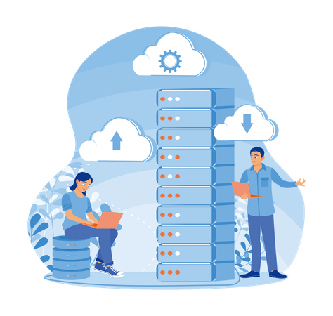 Personas que almacenan datos en una computadora portátil conectada a un servidor  Ilustración
