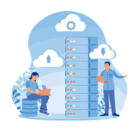 Personas que almacenan datos en una computadora portátil conectada a un servidor  Ilustración