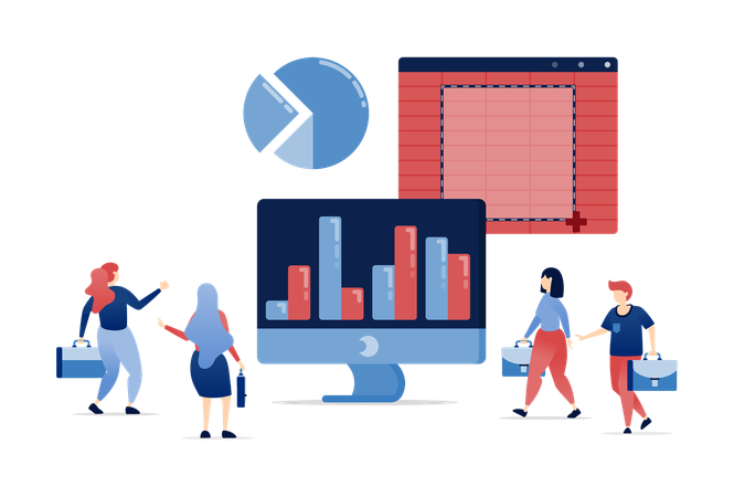 Personas analizando gráficos de barras en monitores grandes para revisión empresarial y planificación contable en entornos corporativos  Ilustración