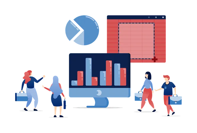 Personas analizando gráficos de barras en monitores grandes para revisión empresarial y planificación contable en entornos corporativos  Ilustración