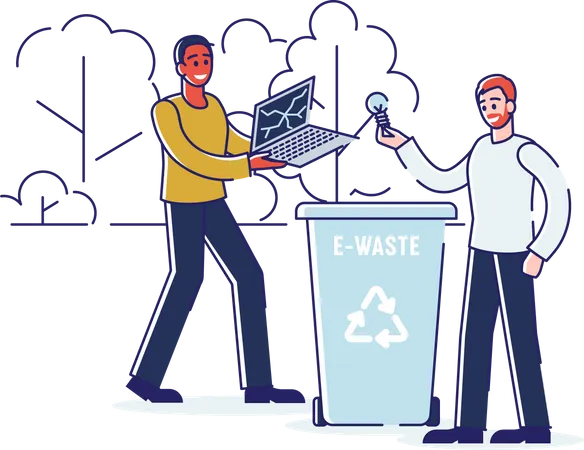 Personas arrojando desechos electrónicos a la papelera de reciclaje  Ilustración