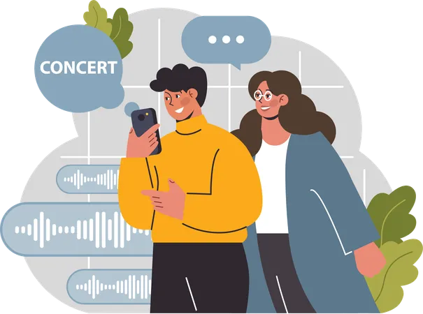 Personas que asisten al concierto en línea  Ilustración