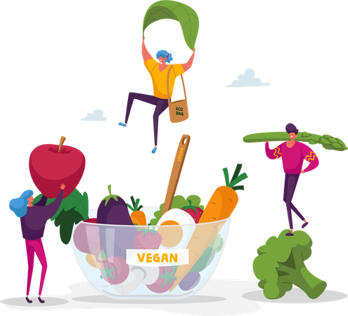 Personas que comen una dieta vegana para un estilo de vida saludable  Ilustración
