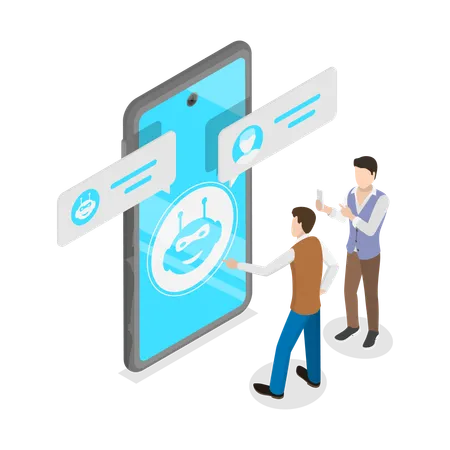 Personas conversando con un chatbot de atención al cliente  Ilustración