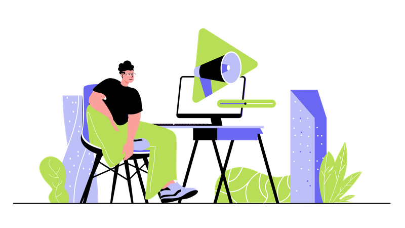 Personas que crean contenido con información publicitaria promocionando online la atracción de nuevos clientes  Ilustración