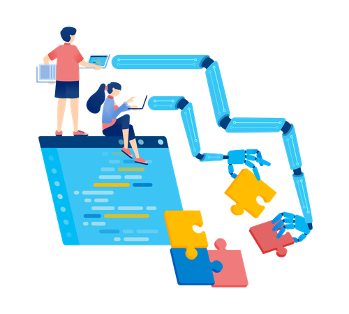 Personas diseñando programas y manos robóticas resolviendo acertijos con lenguaje de IA  Ilustración