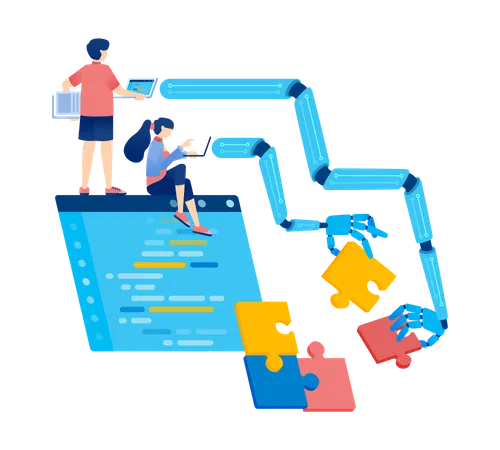 Personas diseñando programas y manos robóticas resolviendo acertijos con lenguaje de IA  Ilustración