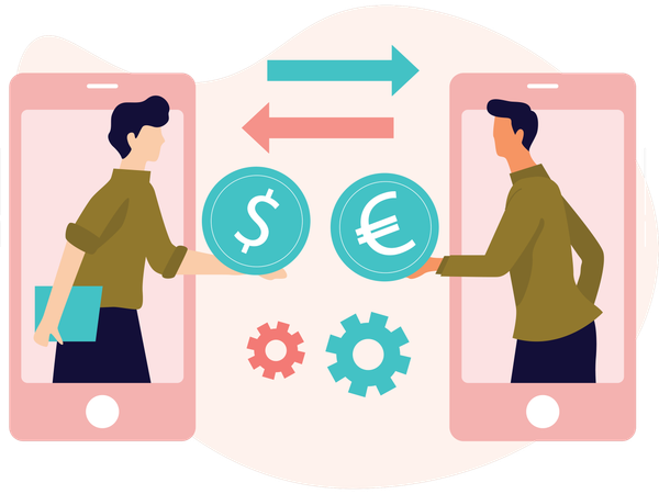 Personas que hacen intercambio de dinero en línea  Ilustración