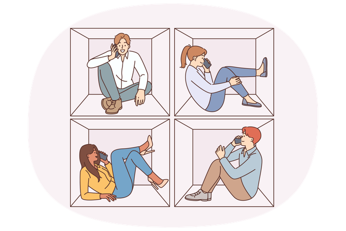 La gente hace llamadas telefónicas sentados en cubículos estrechos y charlando.  Ilustración