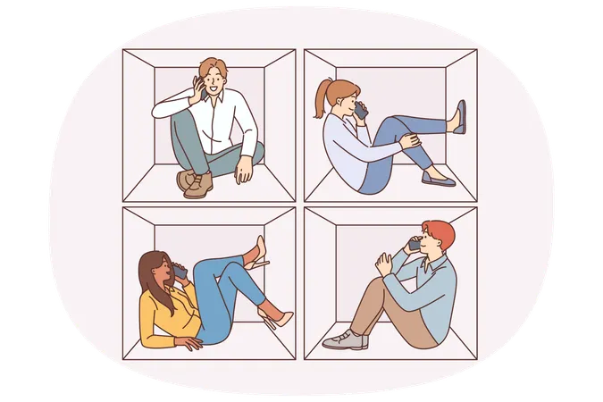 La gente hace llamadas telefónicas sentados en cubículos estrechos y charlando.  Ilustración