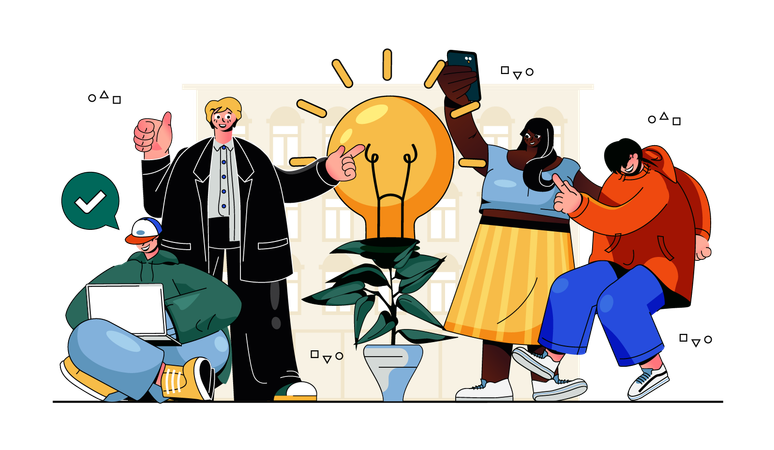 Personas que intercambian ideas y trabajan juntas en el negocio, creando una estrategia exitosa y generando nuevas soluciones.  Ilustración