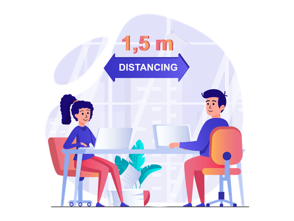 Personas que mantienen distanciamiento social en el espacio de trabajo  Ilustración