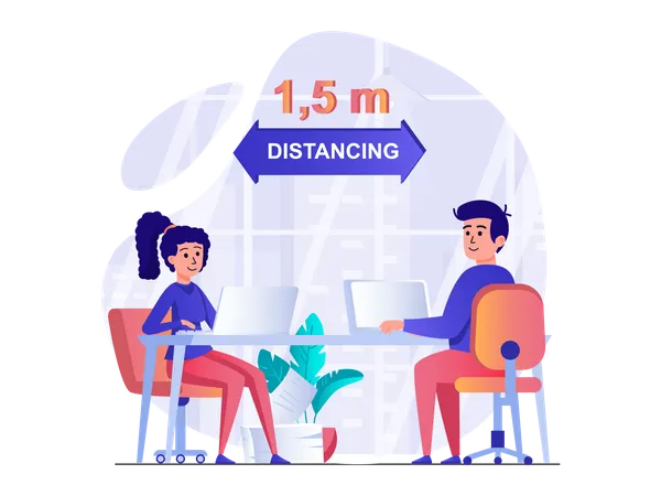 Personas que mantienen distanciamiento social en el espacio de trabajo  Ilustración