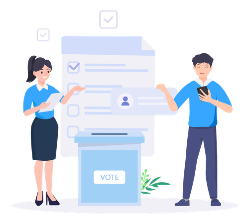 Personas que participan en las elecciones emitiendo su voto  Ilustración