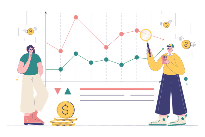 Personas que realizan investigaciones de inversión en el mercado de valores  Ilustración