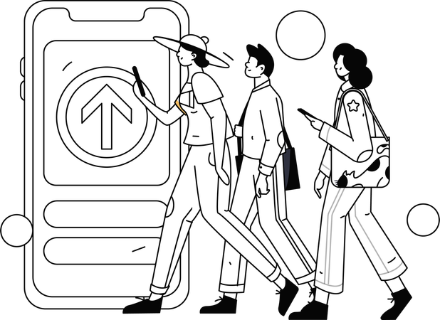 Personas que reservan billetes de tren en el móvil  Ilustración