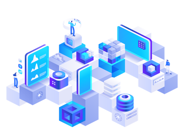 Personas que trabajan con tecnología bitcoin  Ilustración