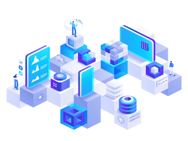 Personas que trabajan con tecnología bitcoin  Ilustración