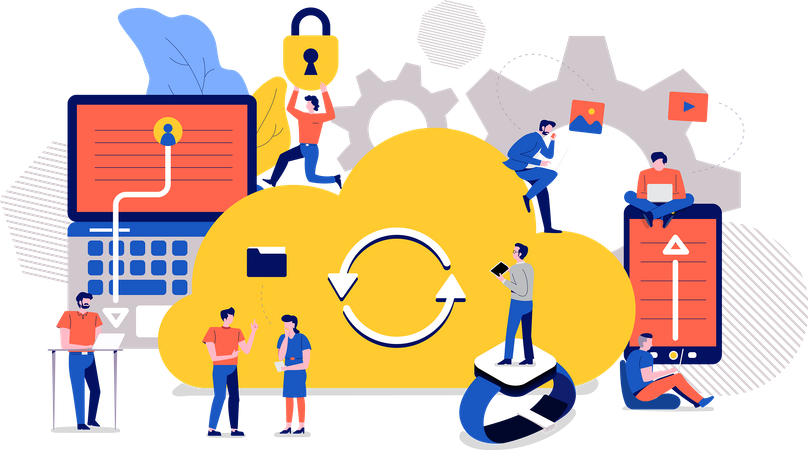 Personas que trabajan en almacenamiento en la nube  Ilustración